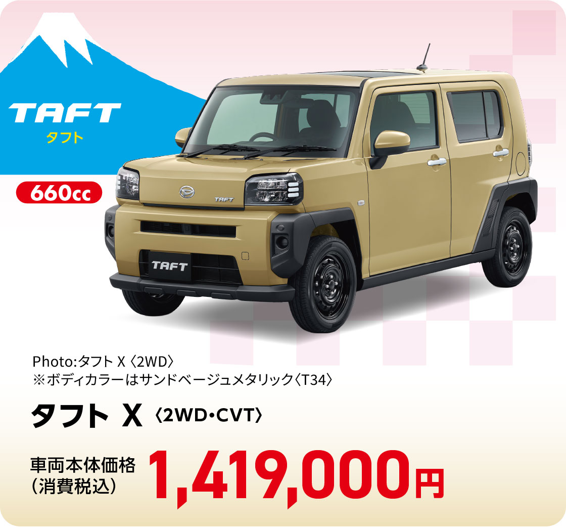 タフト X〈2WD・CVT〉
Photo:タフト X 〈2WD〉
※ボディカラーはサンドベージュメタリック〈T34〉