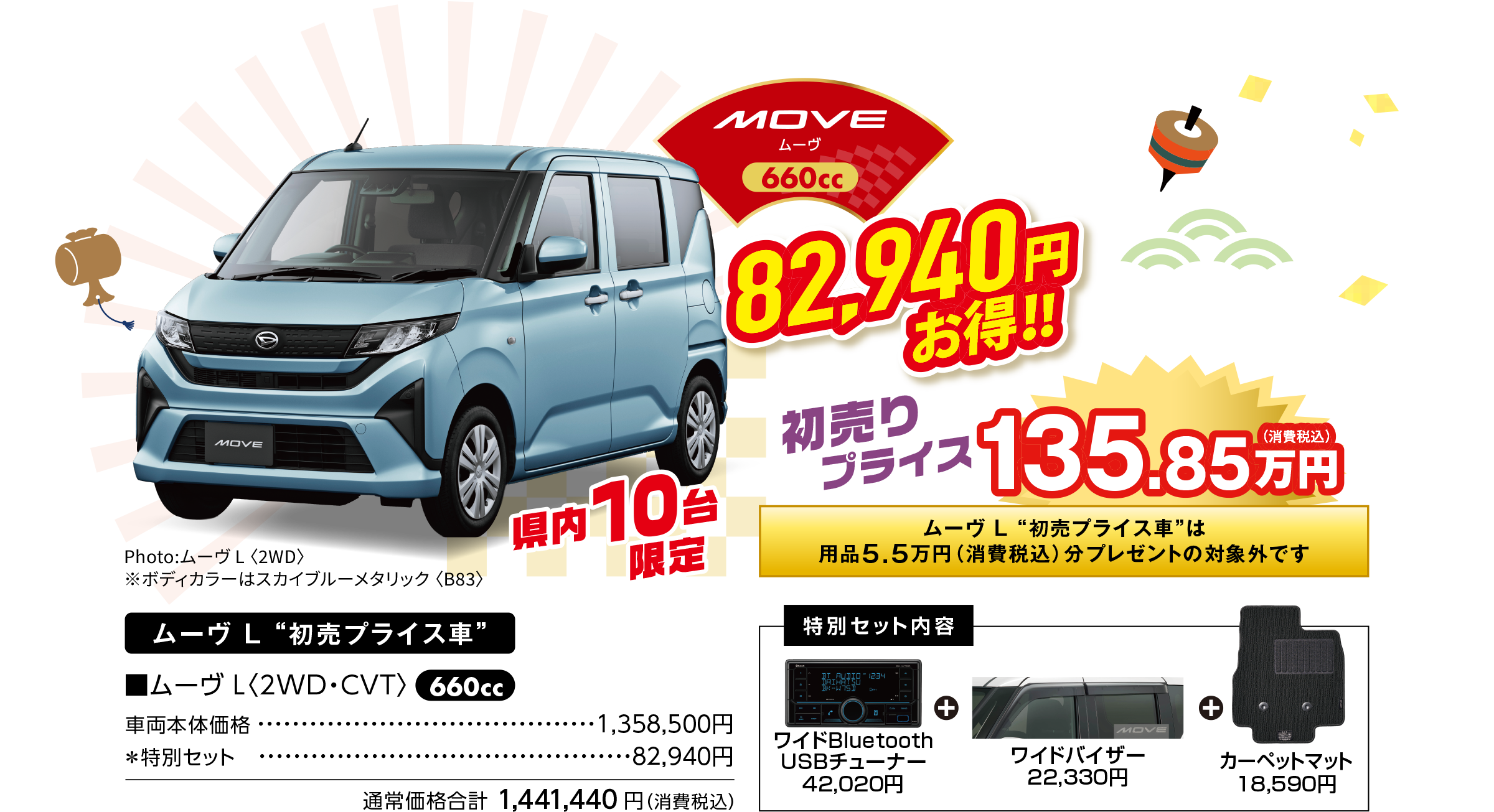 【ムーヴ L “初売プライス車”】
■ムーヴ L〈2WD・CVT〉
Photo:ムーヴ L 〈2WD〉
※ボディカラーはスカイブルーメタリック 〈B83〉