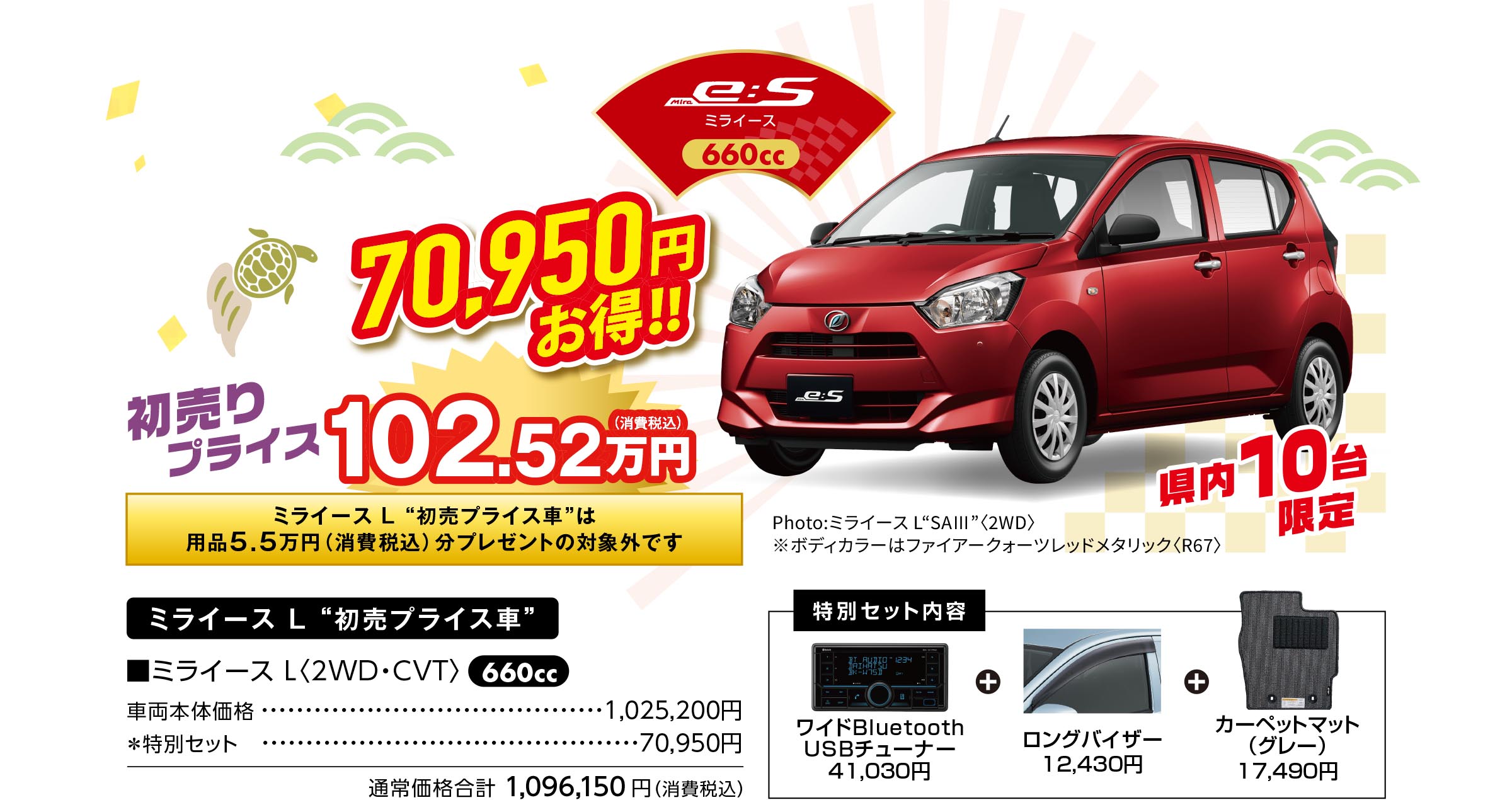 【ミライース L “初売プライス車”】
■ミライース L〈2WD・CVT〉
Photo:ミライース L“SAⅢ”〈2WD〉
※ボディカラーはファイアークォーツレッドメタリック〈R67〉