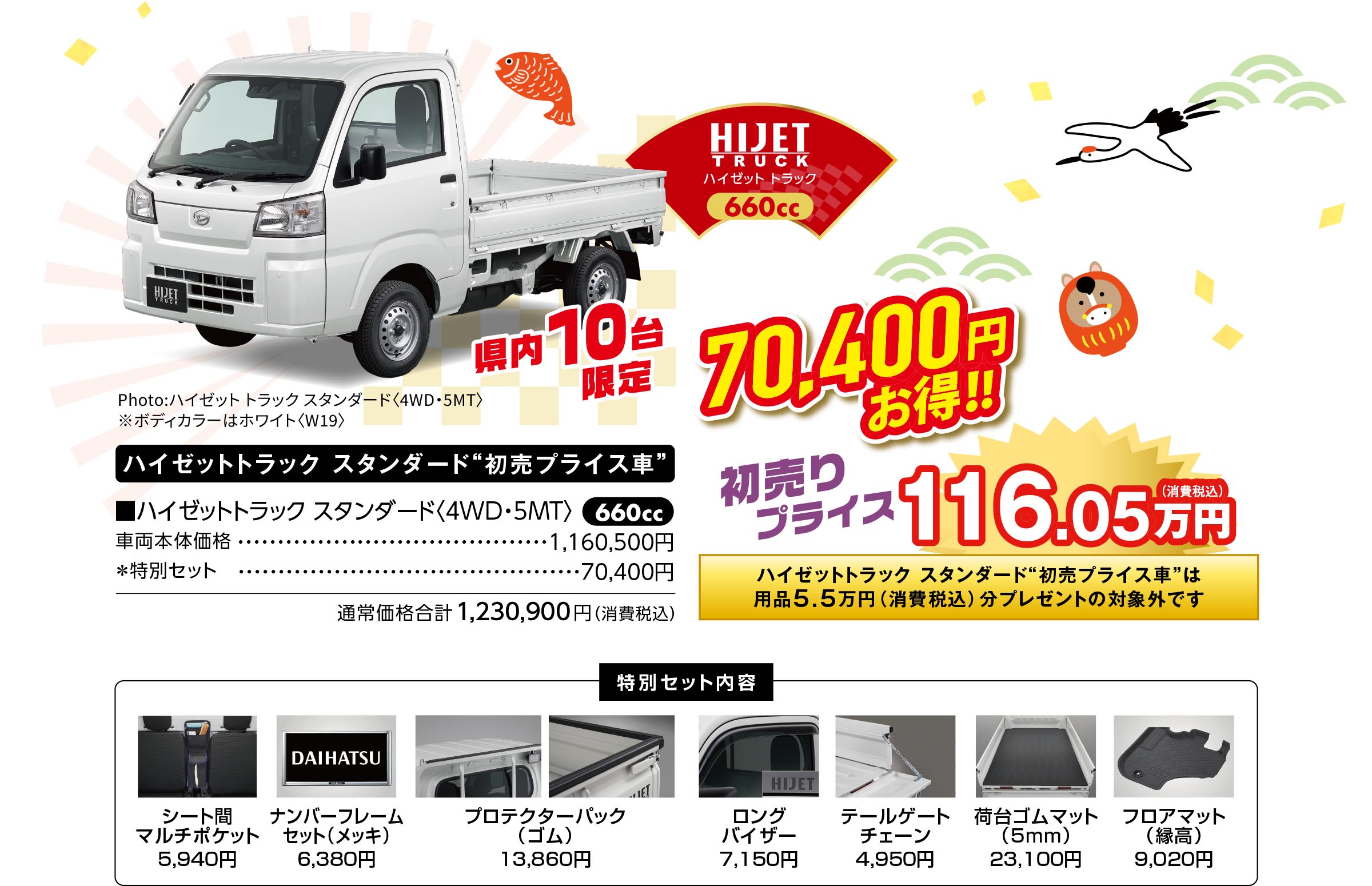 【ハイゼットトラック スタンダード“初売プライス車”】
■ハイゼットトラック スタンダード〈4WD・5MT〉
Photo:ハイゼット トラック スタンダード〈4WD・5MT〉
※ボディカラーはホワイト〈W19〉