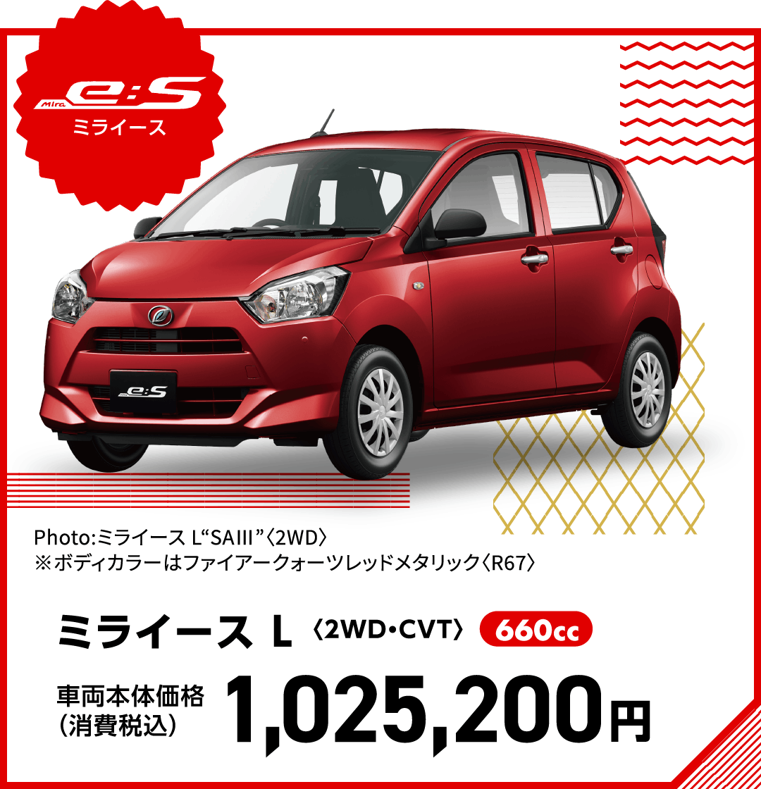 ミライース L〈2WD・CVT〉
Photo:ミライース L“SAⅢ”〈2WD〉
※ボディカラーはファイアークォーツレッドメタリック〈R67〉