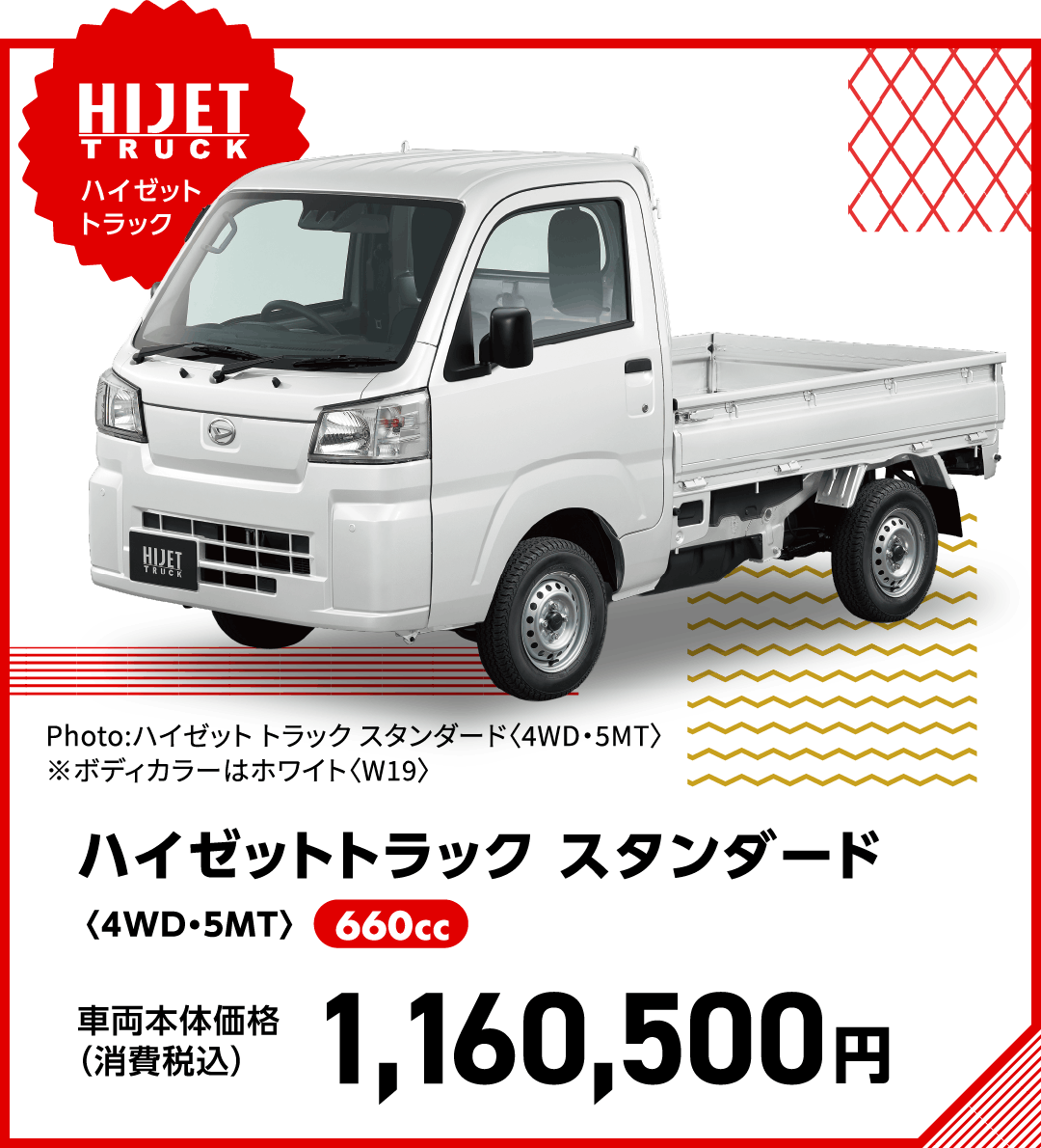 ハイゼットトラック スタンダード〈4WD・5MT〉
Photo:ハイゼット トラック スタンダード〈4WD・5MT〉
※ボディカラーはホワイト〈W19〉