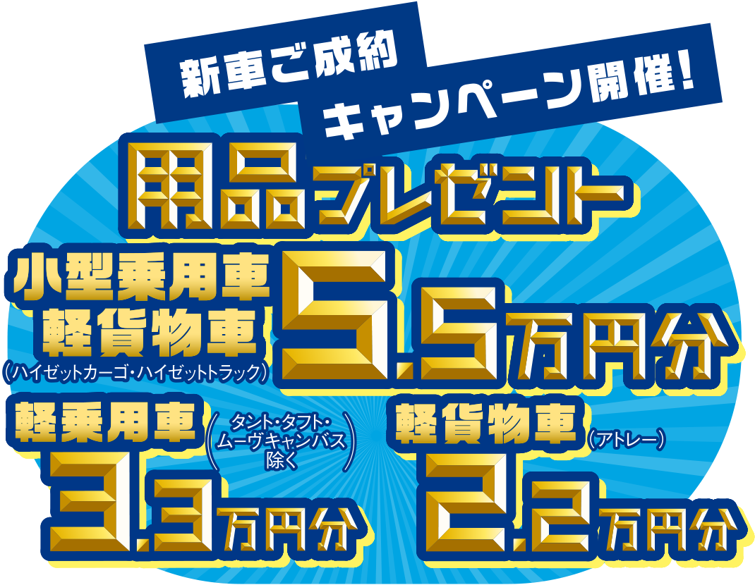 〈用品プレゼント〉
小型乗用車5.5万円分
軽乗用車3.3万円分（※タント・タフト・ムーヴキャンバス除く）
軽貨物車2.2万円分