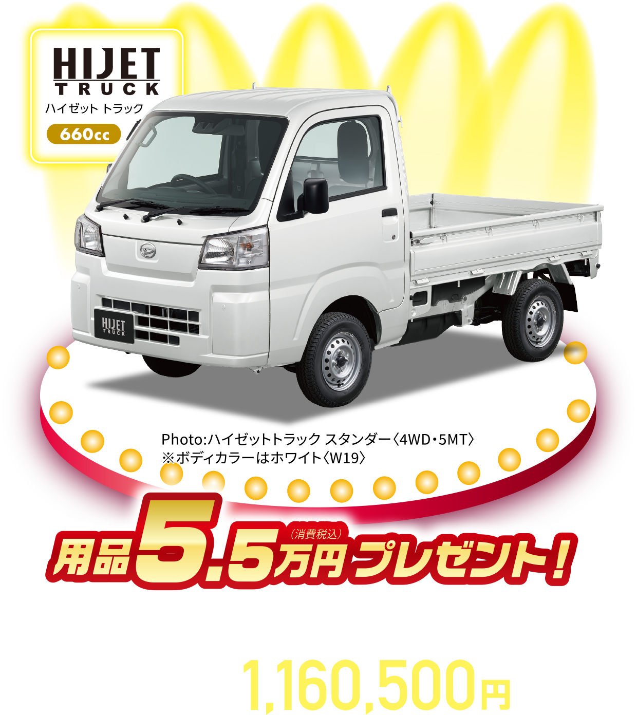 ハイゼットトラック スタンダード〈4WD・5MT〉
Photo:ハイゼットトラック スタンダー〈4WD・5MT〉
※ボディカラーはホワイト〈W19〉
用品5.5万円（消費税込）プレゼント！