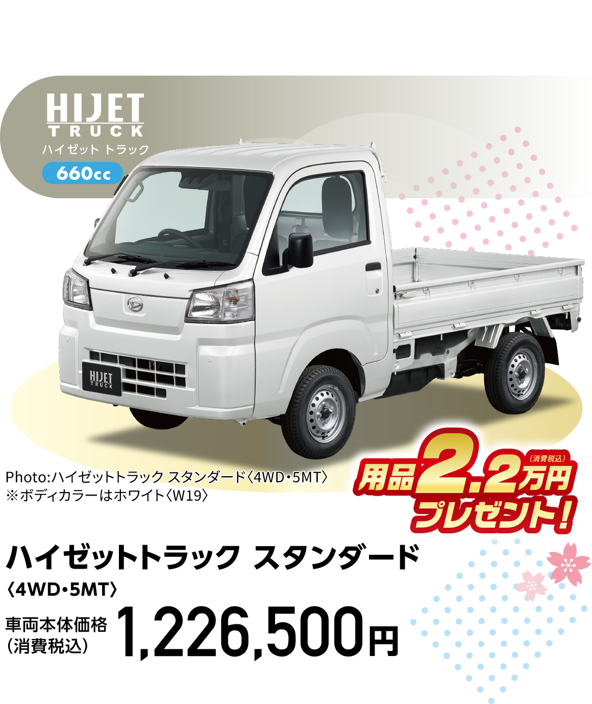 ハイゼットトラック スタンダード〈4WD・5MT〉
Photo:ハイゼットトラック スタンダード〈4WD・5MT〉
※ボディカラーはホワイト〈W19〉