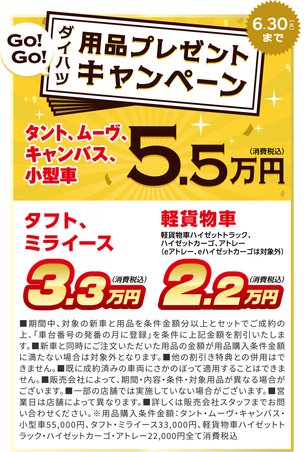 ダイハツ用品キャンペーン
              タント、ムーヴ、キャンバス、小型車 5.5万円（税込）
              タフト、ミライース 3.3万円（税込）
              軽貨物車 2.2万円（税込）