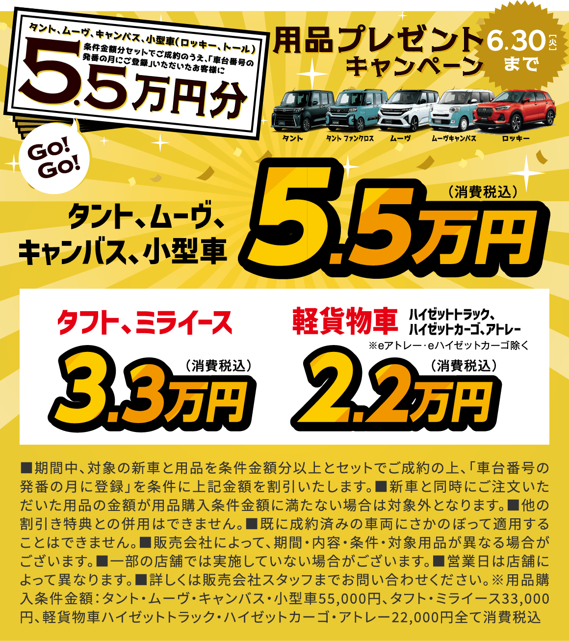 用品プレゼントキャンペーン
5.5万円／タント、ムーヴ、キャンバス、小型車
3.3万円／タフト、ミライース
2.2万円／軽貨物 ハイゼットトラック、ハイゼットカーゴ、アトレー ※eアトレー・eハイゼットカーゴ除く