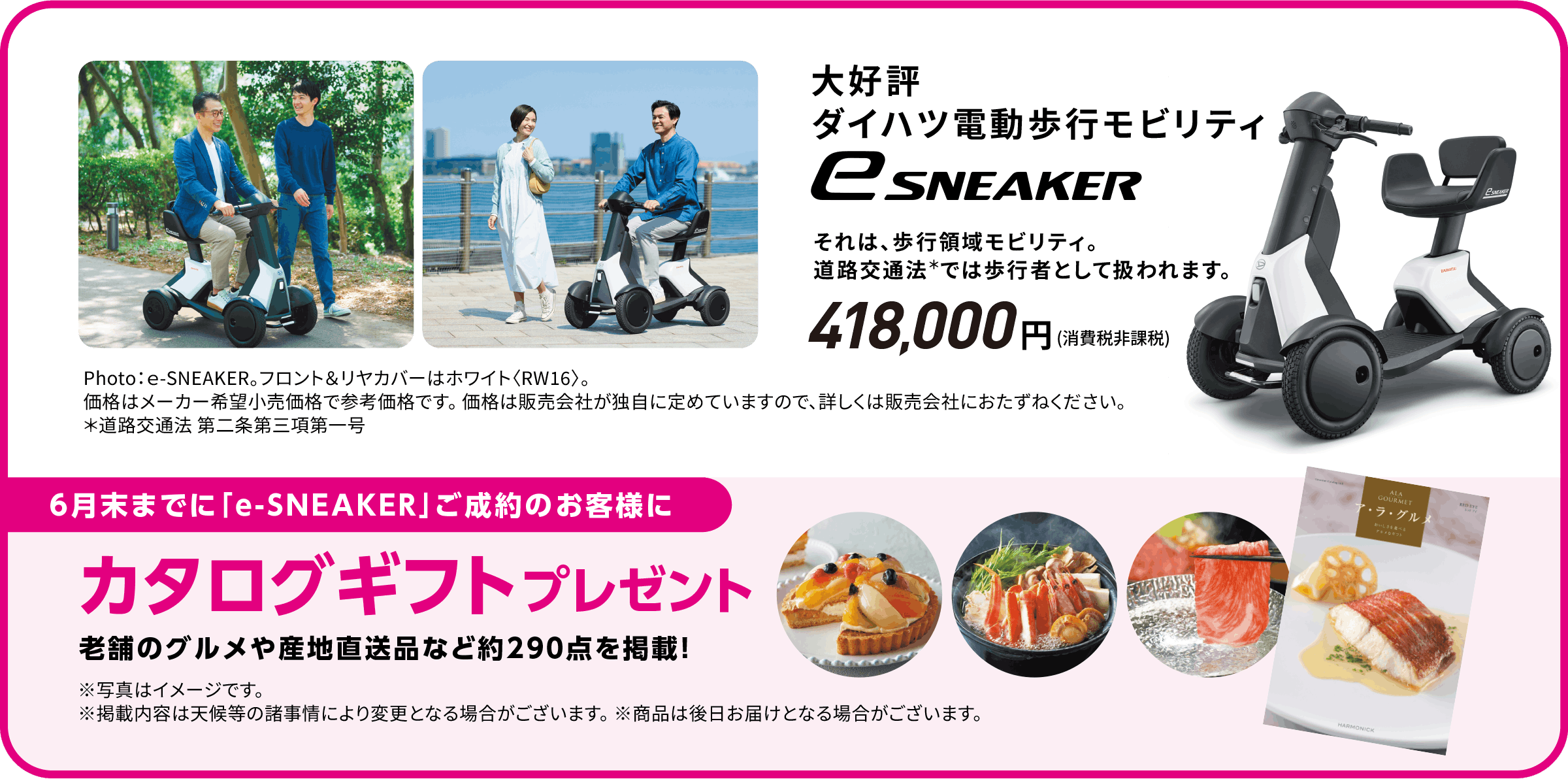 大好評ダイハツ電動歩行モビリティ e-SNEAKER
            それは、歩行領域モビリティ。道路交通法＊では歩行者として扱われます。
            【6月末までに「e-SNEAKER」ご成約のお客様に】
            カタログギフトプレゼント
            老舗のグルメや産地直送品など約290点を掲載！