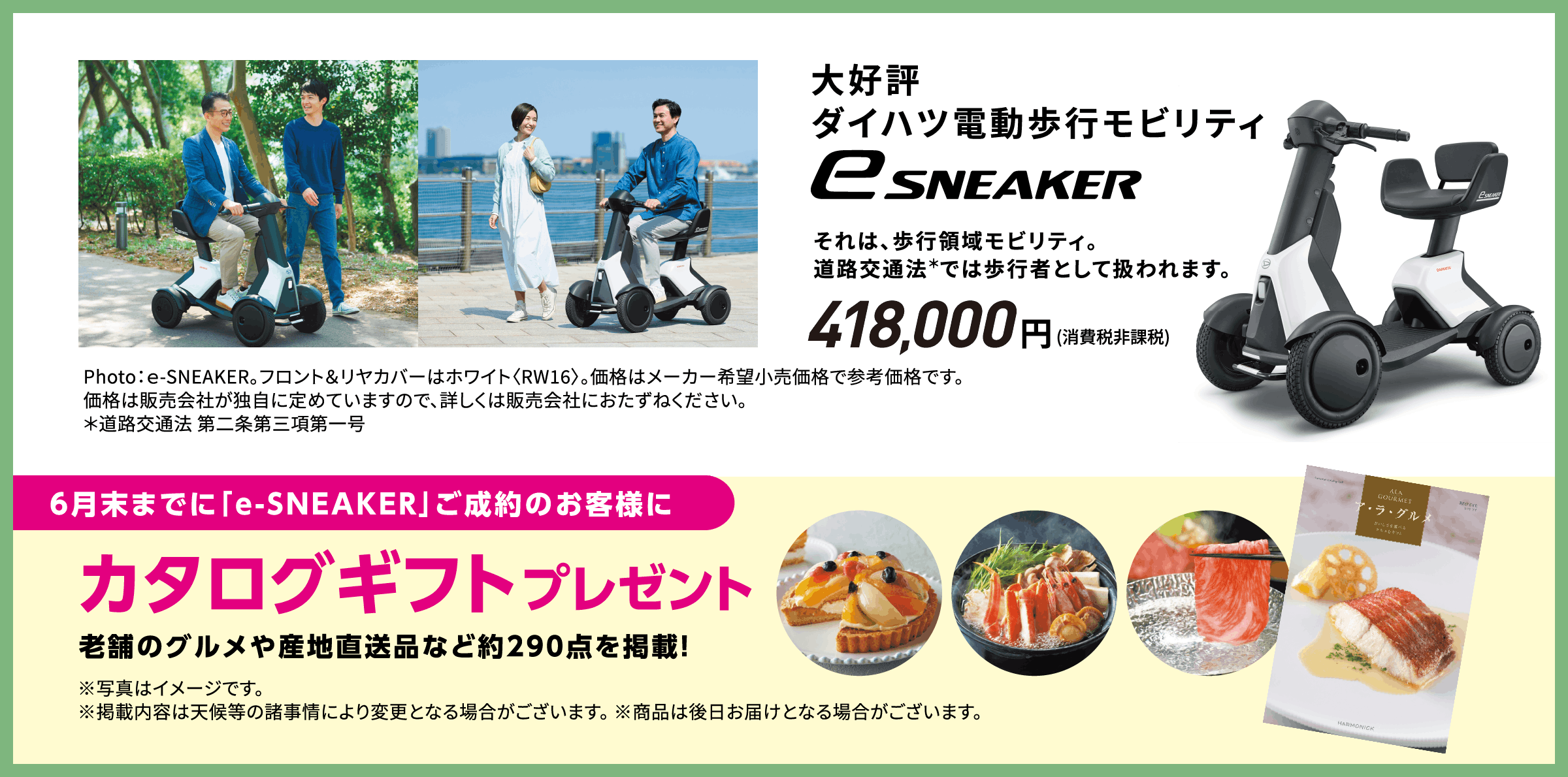 大好評ダイハツ電動歩行モビリティ e-SNEAKER
            それは、歩行領域モビリティ。道路交通法＊では歩行者として扱われます。
            【6月末までに「e-SNEAKER」ご成約のお客様に】カタログギフトプレゼント
            老舗のグルメや産地直送品など約290点を掲載！