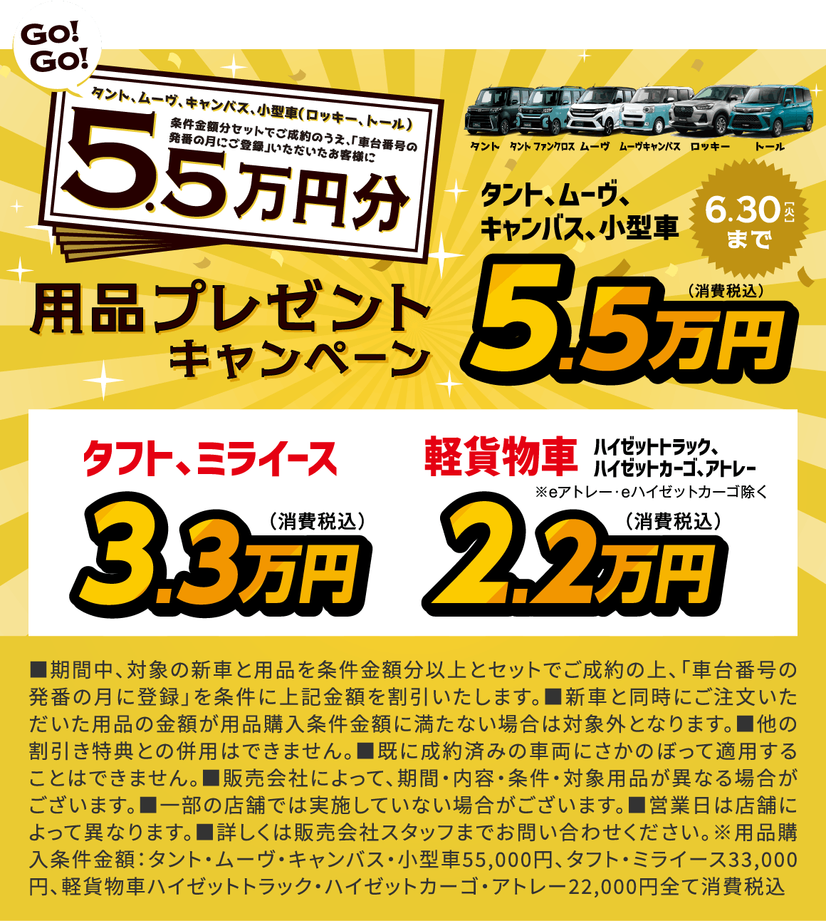 用品プレゼントキャンペーン
                5.5万円／タント、ムーヴ、キャンバス、小型車
                3.3万円／タフト、ミライース
                2.2万円／軽貨物 ハイゼットトラック、ハイゼットカーゴ、アトレー ※eアトレー・eハイゼットカーゴ除く