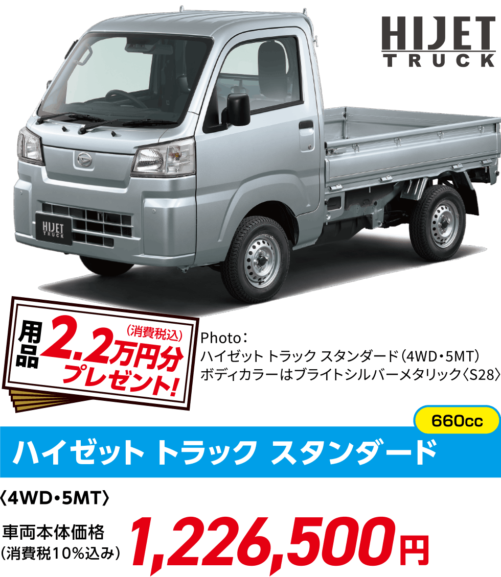 ハイゼット トラック スタンダード〈4WD・5MT〉
                  Photo：ハイゼット トラック スタンダード（4WD・5MT）
                  ボディカラーはブライトシルバーメタリック〈S28〉