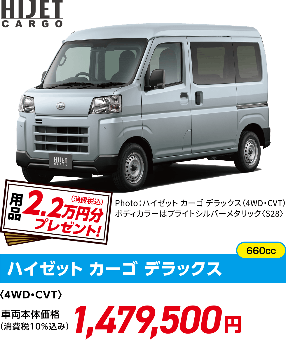 ハイゼット カーゴ デラックス〈4WD・CVT〉
                  Photo：ハイゼット カーゴ デラックス（4WD・CVT）
                  ボディカラーはブライトシルバーメタリック〈S28〉